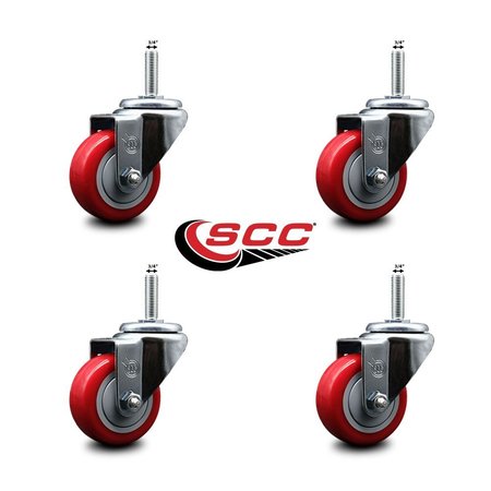Service Caster 3 Inch Red Polyurethane Wheel Swivel 34 Inch Threaded Stem Caster Set Service Caster SCC-TS20S314-PPUB-RED-34212-4